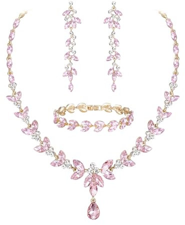 Ever Faith Marquise Crystal Party Jewellery Set for Bride, Gorgeous Leaf Rhinestone Necklace Dangle Earrings Tennis Bracelet Sets Pink Gold-Tone