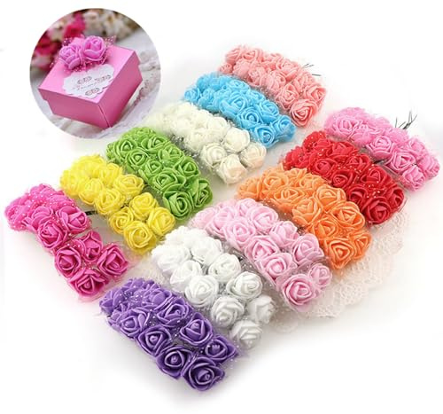144 pièces de mini têtes de roses artificielles et tiges souples, 25 mm PE petites roses avec gaze pour bricolage mariage faire pinces à cheveux de mariée, dessus de gâteau, corsage de poignet