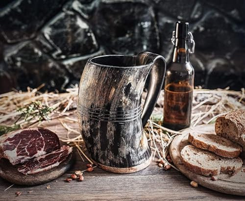 Spiritual Gifts Ox Horn Mug, Shot Glass & Bottle Opener 3-Piece Set Viking Drinking Set Handmade Ale, Mead & Beer Tankard with Handle Natural Finish Polished Thor’s Hammer Design