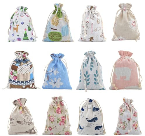 EIHI 12 Stoffbeutel Schmuck Aufbewahrungstaschen, Baumwollbeutel,mit Kordelzug Baumwolltasche bedruckt Stoffbeutel Klein DIY Aufbewahrungsbeutel Weihnachten Basteln,10 * 14cm