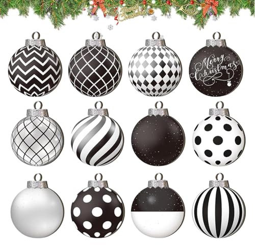 Palline decorative per albero di Natale, infrangibili, decorazioni natalizie, con tema invernale bianco e nero, 8 cm