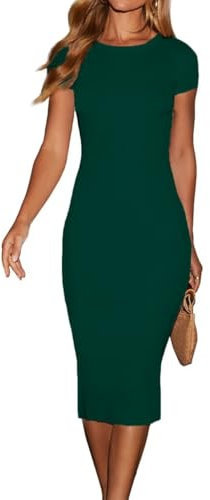 LACOZY Women's Summer Bodycon Midi Dress Sexy Mini Short Sleeve Dresses Casual Ribbed Slim Fit Round Neck Knit Dress Green S
