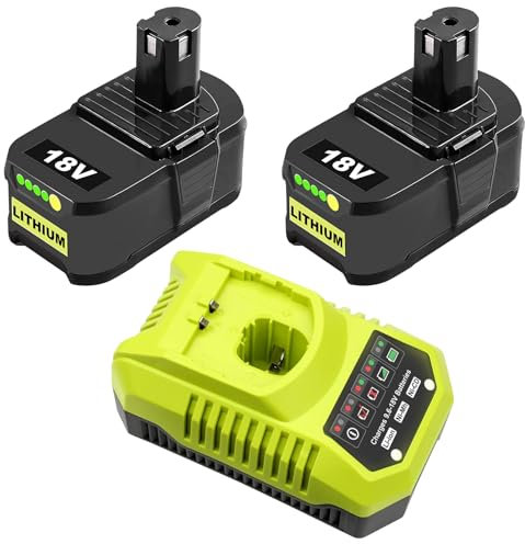 2 Packs 8.0Ah Ersatz für Ryobi Akku 18V mit Ladegerät Kompatibel mit Ryobi Akku P108 P107 P105 P104 P103 P102 P101 P100 RB18L50 RB18L40 RB18L25 RB18L15 Kompatibel mit Ryobi Ladegerät 18V