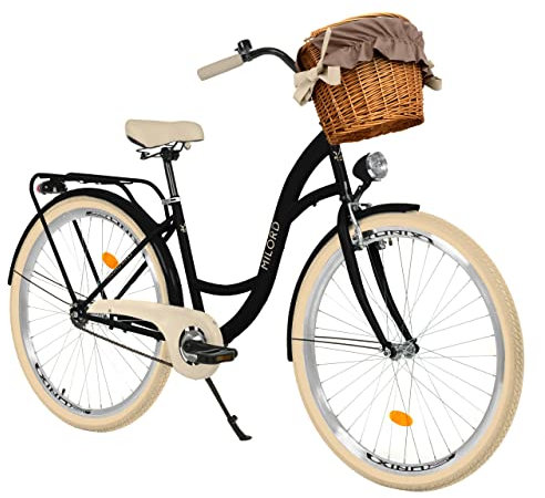 MILORD Damenfahrrad Citybike Komfort Mit Weidenkorb Vintage Fahrrad, 26, 28 Zoll, 1-Gang (Schwarz-Creme, 28 Zoll)