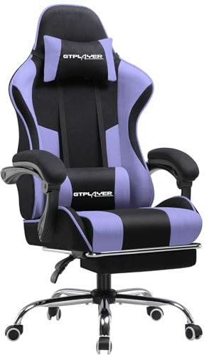 GTPLAYER Gaming Stuhl Stoff, Bürostuhl Massage Gaming Sessel Ergonomischer Gamer Stuhl mit Fußstütze, Kopfstütze Massage-Lendenkissen, Gepolstert Gaming Chair, Drehsessel, lila