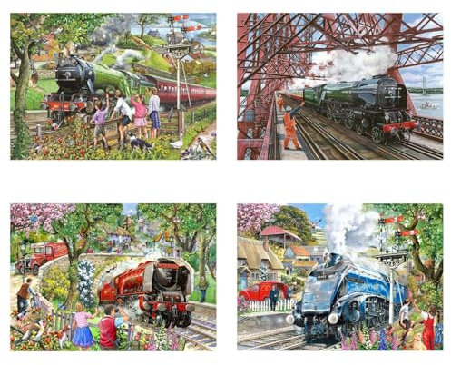 The House of Puzzles Steaming Along Jigsaw Set - 4 x 500 Piece Jigsaws For Adults, Multi Puzzle Pack, Artist Illustrated, Deluxe Puzzle Gifts, Sustainably Made