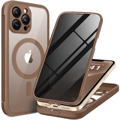BERFY Magnetic for iPhone 12 Pro Max Case, Compatible with MagSafe, Built-in Privacy Screen Protector and Upgraded Camera Protection, Anti-Spy Full Body Shockproof Phone Case for 12 Pro Max 6.7,Brown