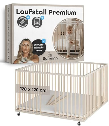 Sämann Laufstall Baby mit Lattenrost & 3 Schlupfsprossen I Sahara Dust/Natur 120x120 cm I höhenverstellbares Laufgitter aus Holz I stabiles Babybett I Premium Krabbelgitter sicher & mitwachsend Babys