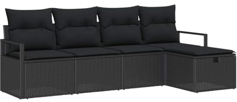 vidaXL 5-teiliges Gartenset mit Kissen in Schwarz – Handgewebtes Rattan, modulares Design, verstellbare Füße, wetterfestes Outdoor-Möbel für die Terrasse, Lounge oder den Patio.