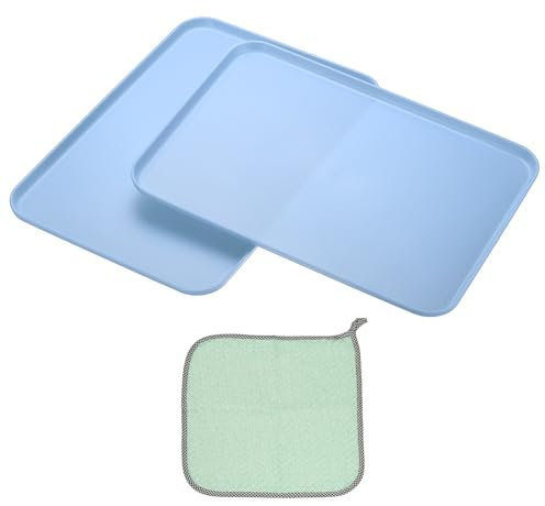 PATIKIL 15x10.6 Plastic Tray, 2 Pack Rectangular Plates Food Tray Wheat Plates Dishes Reusable Dessert Plate Trays with Cloth for Cake Fruits Salad Cupcake Steak Serving Blue