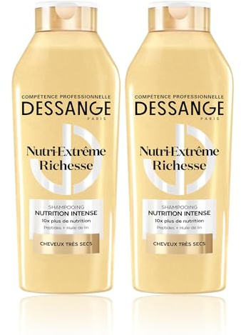 DESSANGE Shampooing Nutrition Intense Cheveux Très Secs Lot de 2x280ml | Peptides & huile de lin, Action réparatrice, Redonne douceur & souplesse, Gamme Nutri-Extrême Richesse
