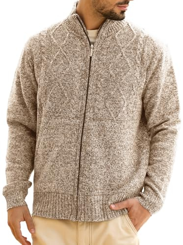 Les umes Men's Fleece Lined Full Zip Cardigan, Warm Cable Knit Stand Collar Sweater with Pockets for Autumn and Winter