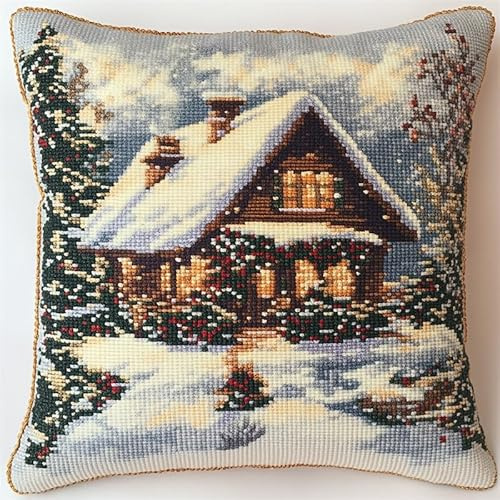 AxiangziK Weihnachten Kreuzstich Set Vorgedruckt,Schneeszene der Hütte,Gobelin Stickbilder Kreuzstich Kissen Stickkissen Kreuzstichkissen/Stickkissen-Set,45x45cm
