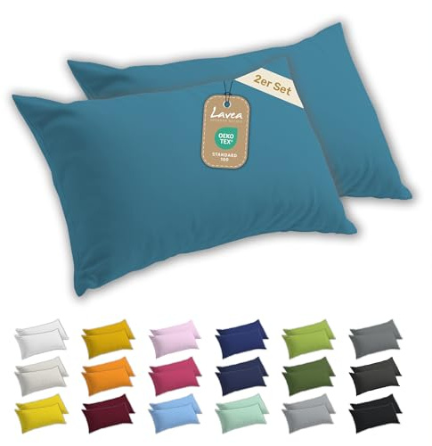 Lavea® 2er Set Kissenbezug 40x80 - Aquamarin | 100% Baumwolle Jersey – Weiche Kissenhülle & Kopfkissenbezüge, OEKO-TEX® Standard