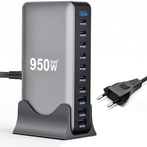 950W USB C Ladegerät Mehrfach, 10 Ports Schnellladegerät Ladestation mit 7×USB-C-Ports (140W/100W) und 3×USB-A-Ports (30W QC), für iPad, iPhone 16/15