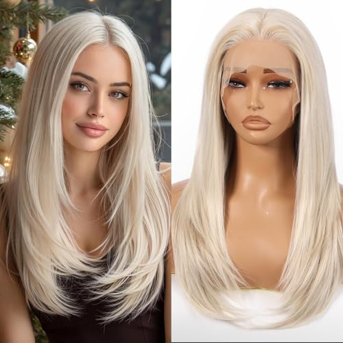 Allbell 13x6 Lace-Front-Wig in Highlight-Hellblond für Frauen, 22 Zoll lange, gerade gestufte Perücke, glueless synthetische HD-Lace-Wigs für den täglichen Gebrauch und Partys.