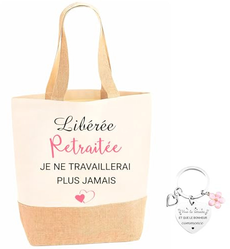 RAOPNHS Cadeau Retraite Femme Ensemble avec Tote Bag et Porte-clés Motivé Libérée Retraitée Sac en Toile Pratique pour Femme Collègue Amie Maman Départ à la Voyageidee cadeau