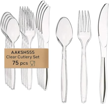 aaksh 555 | Pack of 75 | Reusable Plastic Cutlery Set [25 Forks, 25 Knives, 25 Spoons] – Durable, Washable | Premium Quality Clear Mix Cutlery for Home, Parties, Events and Everyday Use