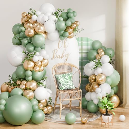 Luftballon Girlande Grün Gold, 115 Stück Luftballons Geburtstag Grün mit Ballons Salbeigrün Gold Weiße, Luftballons Eukalyptus Grün Set für Geburtstagsdeko Babyparty Deko Hochzeitsdeko Gender Reveal