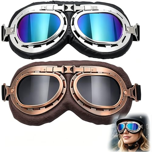 OhebEsx 2 Stück Motorrad Brille, Motorrad Brillen, Motorradbrille Retro, Fliegerbrille, Winddicht Schutz Für Motorradfahren Und Outdoor, Steampunk Brille