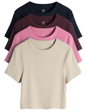 THE SET Damen Gerippte, Cropped Fit T-Shirts, 4er-Pack