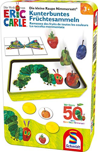 Schmidt Spiele 51237 kleine Raupe Nimmersatt, Kunterbuntes Früchtesammeln, Reisespiel in der Metalldose