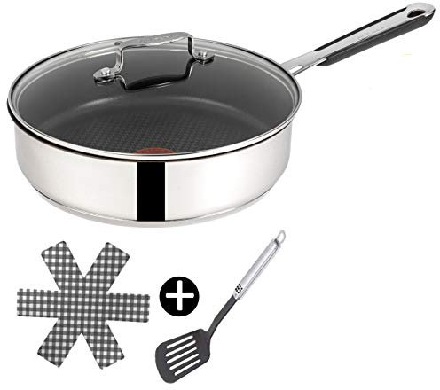 Tefal H80533 Jamie Oliver Edelstahl Schmorpfanne Sautepfanne 25cm+ Glasdeckel, Induktion Pfanne mit Antihaftbeschichtung, Bratpfanne auch für Induktionsherd, inkl Pfannenwender + Pfannenschoner