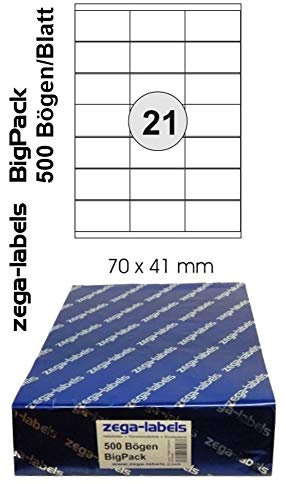 10.500 Etiketten 70 x 41 mm selbstklebend auf DIN A4 Bögen (3x7 Etiketten) - 500 Blatt Bigpack - Universell für Laser/Inkjet/Kopierer einsetzbar - 70x41mm 21-teilig
