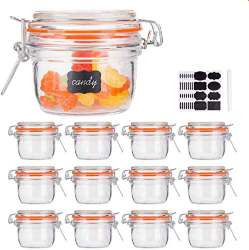 Lot de 12 petits pots en verre avec couvercles hermétiques Encheng - 150 ml - Bocaux à épices en verre avec joint en caoutchouc anti-fuite - Bocaux de rangement en verre avec couvercle à charnière