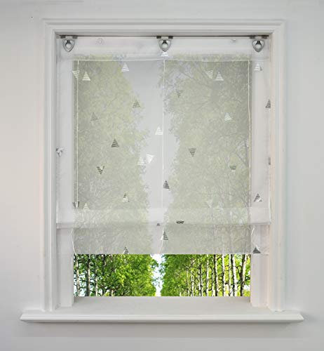 Voile Raffrollo mit Silber Heißprägen Design Raffgardine Transparent Ösenrollo Fenster Vorhang (BxH 80x130cm, Weiß)