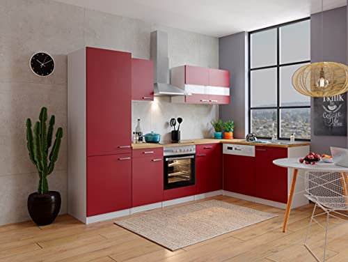 respekta Küche Küchenzeile Küchenblock Winkelküche Weiß Rot Malia 280 x 172 cm