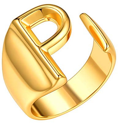 FOCALOOK Damen Offener Ring Anfangsbuchstabe P Knöchel Ring 18k vergoldet Finger Ring für Mädchen Verstellbarer Statement Ring Modeschmuck Accessoire für Geburtstag