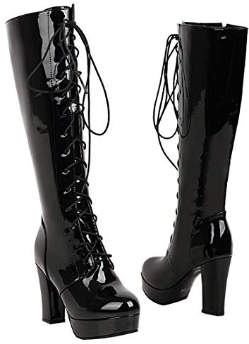 Etebella Damen Blockabsatz High Heels Plateau Kniehohe Stiefel zum Schnüren Lack Knee High Boots Winter Moderne Schuhe