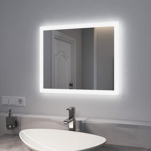 EMKE LED Badspiegel mit Beleuchtung 50x60cm Badezimmerspiegel mit Warmweißes Licht und Kaltesweißes Licht mit beschlagfrei+Taste IP44 energiesparend