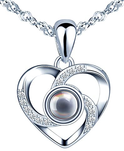 MOOFUN Damen Kette 925 Sterling Silber Halskette I Love You 100 Sprachen Ich Liebe Dich Projektion Herz Anhänger Schmuck Verpackung Geschenke für Frau Freundin Geburtstag Weihnachtstag Valentinstag