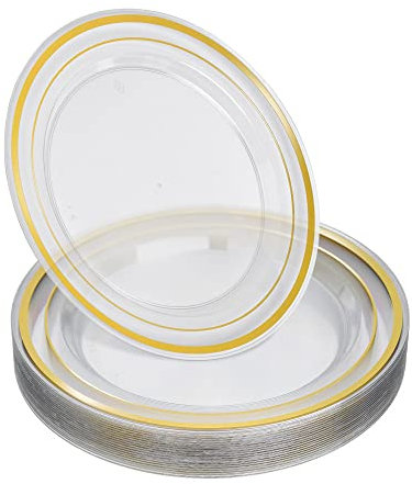 STACKABLES ~ Pack of 20 Hard Plastic Plates ~ 7.5 Inch Round Clear Plate with Doubled Gold Rim ~ Multi-Purpose Reusable Plate for Weddings Parties Catering & Picnic