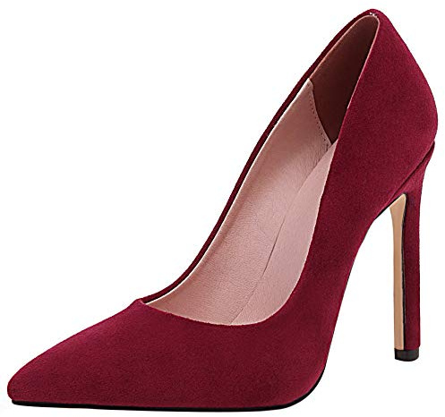 Escarpins Habillés Femme, Escarpins Aiguille Elegant Chaussures de Soirée Talons Hauts Pointu Chaussures de Fête Vin Rouge Taille 34 EU