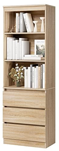 FirFurd 180cm Tall Bookcase Bookshelf with 3 Drawers and Shelves Living Room Storage Cabinet Freestanding Display Cupboard Unit Wooden Oak