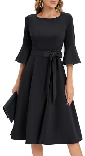 Homrain Damen 50er Jahre Kleider Midi Rundhals Festliches Kleid Vintage Brautkleid mit Gürtel Black L