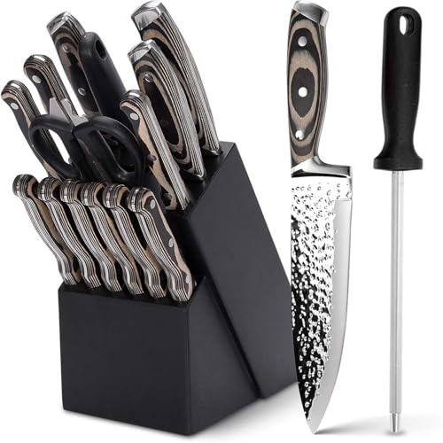WoDillo® Messerblock mit Messer 15-teilig, Rostfreier Spezialstahl Ultra Scharf, Profi Allzweck Küchen Messerset mit Steakmesser, Brotmesser, Küchenschere & Messerschärfer, Naturholzfarben Holz Griff