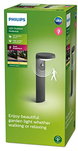 Philips Tyla Outdoor Sockelleuchte (9 W), wetterfeste Außenleuchte mit Bewegungsmelder und warmweißem Licht, energiesparende LED Beleuchtung, anthrazit, Warmweiß