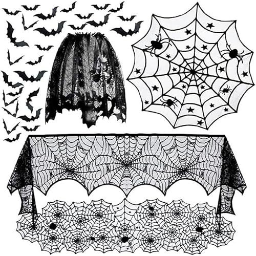 5-Pack Halloween Dekorationen Sets Spinnennetz Tischdecke Kamin Mantel Schal Runde Spinnennetz Tischdecke Lampenschirm mit 60pcs Scary 3D Fledermäuse für Halloween Party Supplies