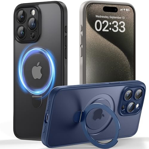 JUESHITUO Vstand Serie für iPhone 15 Pro Hülle für MagSafe (Mit Integrierter Kameraschutz) [Unsichtbarer Ständer] Stoßfest Kratzfest Matte Handyhülle iPhone 15 Pro Case Titan Schwarz - 6,1