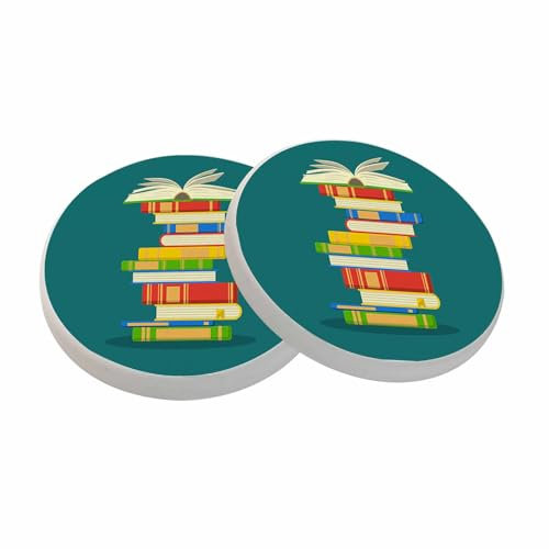 oFloral Bunte Bücher Untersetzer für Getränke, saugfähig, Set mit 2 Studieren, Lesen, Wissen, Bibliothek, Getränkeuntersetzer, rund, 10,2 cm, für Couchtisch, Hauseinweihung, Geschenke, neue
