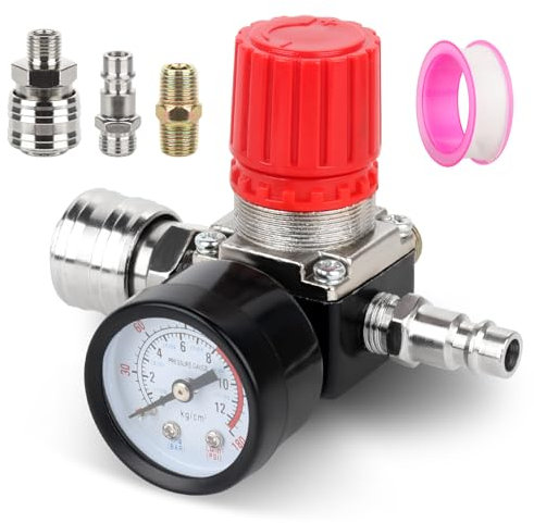 HIULLEN 1/4 Druckminderer Druckluft, Druckschalter Regelventil, Druckschaltventil mit Manometer, EU-Standard Druckregler Kompressor, 175 PSI für Luftverdichter, Luftkompressor, 4Löcher