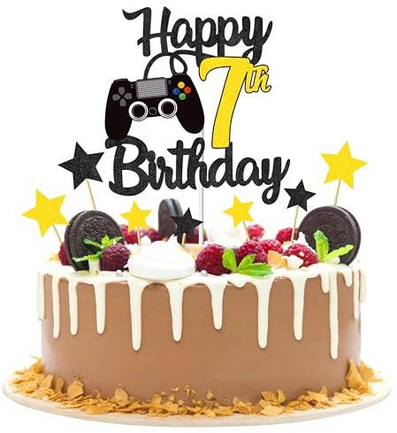Joyeah Happy 7th Birthday Cake Topper Glitter Video Game Cake Pick Game On Cheers to 7 Years Cake Decoration for Game Theme Happy 7th Birthday Party Supplies Gold
