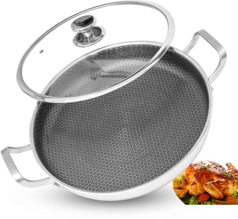AUDANNE Frying Pans with Lid, 13 Large Stainless Steel Honeycomb Skillet with 2 Handle - Induction Hex Cooking Paella Pan, Black 13 inches