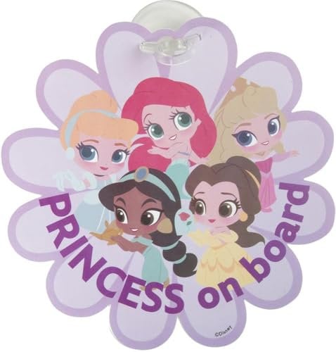 Disney principesse Baby on board con grafiche di Ariel, Belle, Jasmine, Aurora e Cenerentola, forma a fiore e attacco a ventosa, segnale bimba a bordo