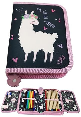 Theonoi Pferd Federmäppchen Federtasche Federmappe Mäppchen Etui 2 Fach Doppeldecker Schüleretui Stifteetui GEFÜLLT Geschenk für Mädchen (Lama)