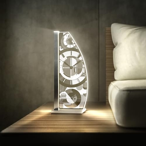Luverre Tischlampe | LED-Leuchte | Glas-Leuchte mit Gravur für Nachttisch, Kommode, Wohnzimmer | Kunst, Bauhaus, Uhr (Clocks, Segel | silber)